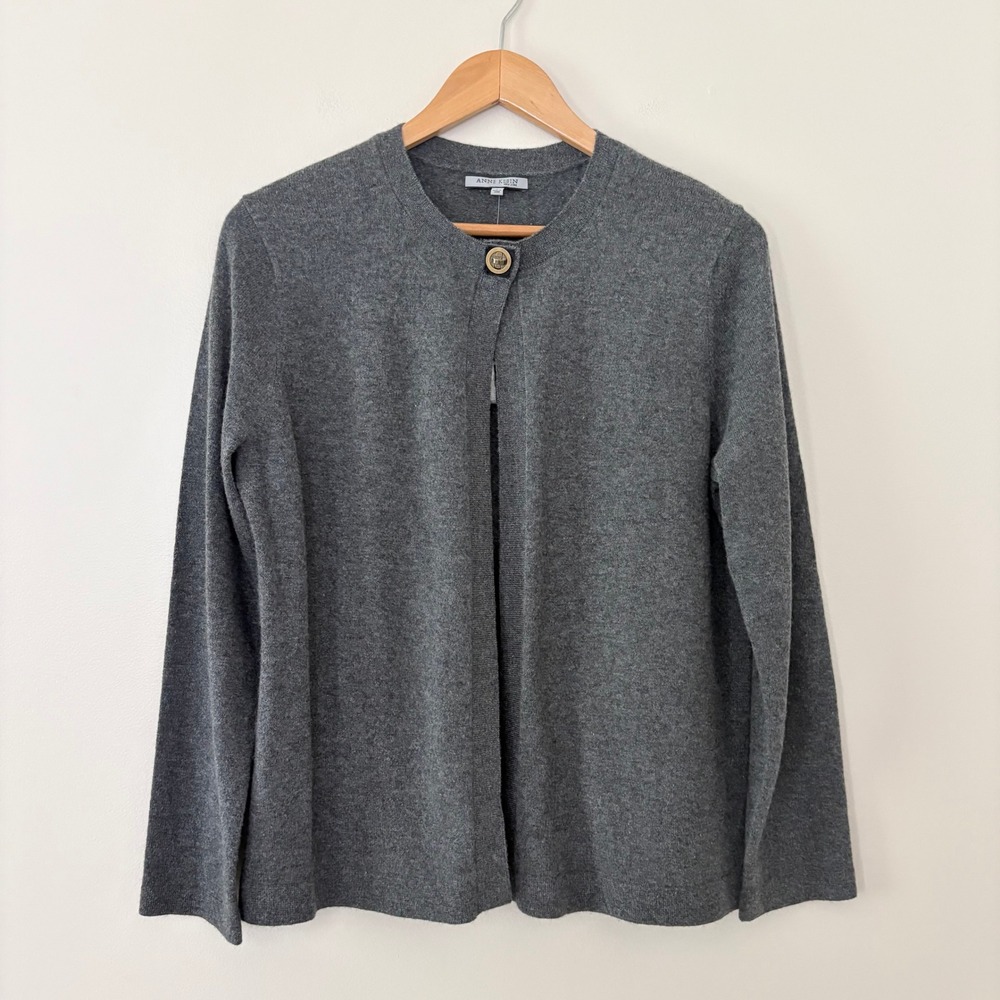 Anne Klein New York Cardigan L Gray 100% Cashmere Turn-Lock Top Closure Sweater